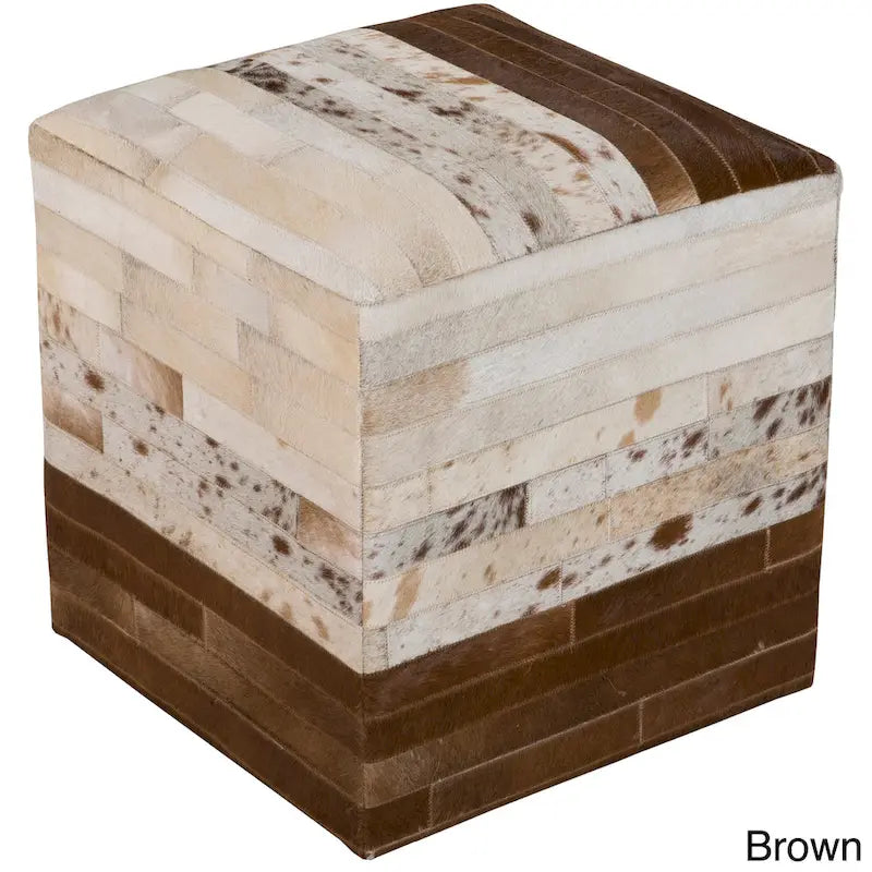 18" Leather & Cowhide Cube Pouf Ottoman with Padded Top, Multiple Patterns