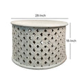 Cato 28 Inch Artisanal Round Mango Wood Coffee Table, Intricate Diamond Lattice Cut Out Frame, Washed White