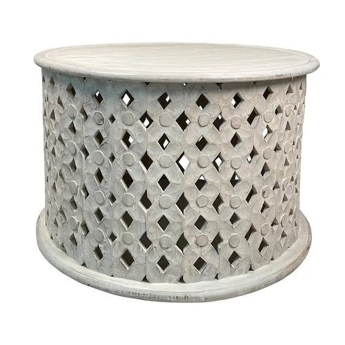 28" Handcrafted Round Mango Wood Coffee Table, Diamond Lattice Frame, Washed White Finish