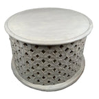 Cato 28 Inch Artisanal Round Mango Wood Coffee Table, Intricate Diamond Lattice Cut Out Frame, Washed White