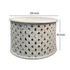 Cato 28 Inch Artisanal Round Mango Wood Coffee Table, Intricate Diamond Lattice Cut Out Frame, Washed White