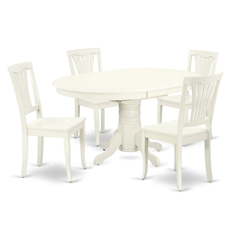 Asian Wood Oval Dining Set, Butterfly Leaf Pedestal Table & Slatted Back Chairs, Linen White