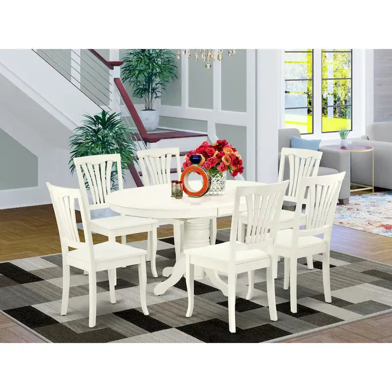 Asian Wood Oval Dining Set, Butterfly Leaf Pedestal Table & Slatted Back Chairs, Linen White