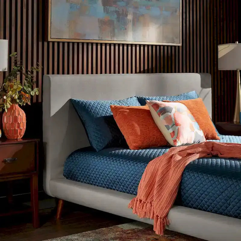 Mid-Century Fully Upholstered Platform Bed, Welted Edges & Angled Tapered Solid Wood Legs