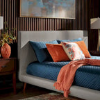 Mid-Century Fully Upholstered Platform Bed, Welted Edges & Angled Tapered Solid Wood Legs