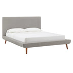 Mid-Century Fully Upholstered Platform Bed, Welted Edges & Angled Tapered Solid Wood Legs