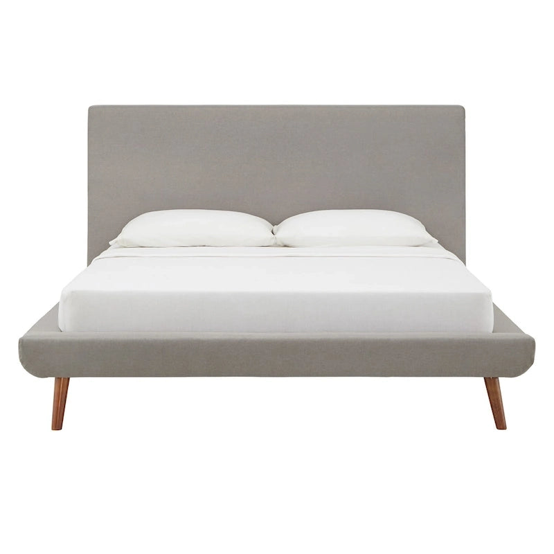Mid-Century Fully Upholstered Platform Bed, Welted Edges & Angled Tapered Solid Wood Legs