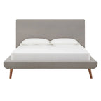 Mid-Century Fully Upholstered Platform Bed, Welted Edges & Angled Tapered Solid Wood Legs