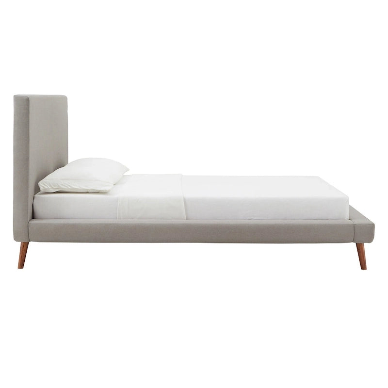 Mid-Century Fully Upholstered Platform Bed, Welted Edges & Angled Tapered Solid Wood Legs