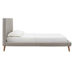 Mid-Century Fully Upholstered Platform Bed, Welted Edges & Angled Tapered Solid Wood Legs