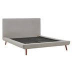 Mid-Century Fully Upholstered Platform Bed, Welted Edges & Angled Tapered Solid Wood Legs