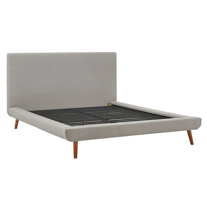Mid-Century Fully Upholstered Platform Bed, Welted Edges & Angled Tapered Solid Wood Legs