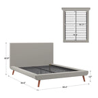 Mid-Century Fully Upholstered Platform Bed, Welted Edges & Angled Tapered Solid Wood Legs