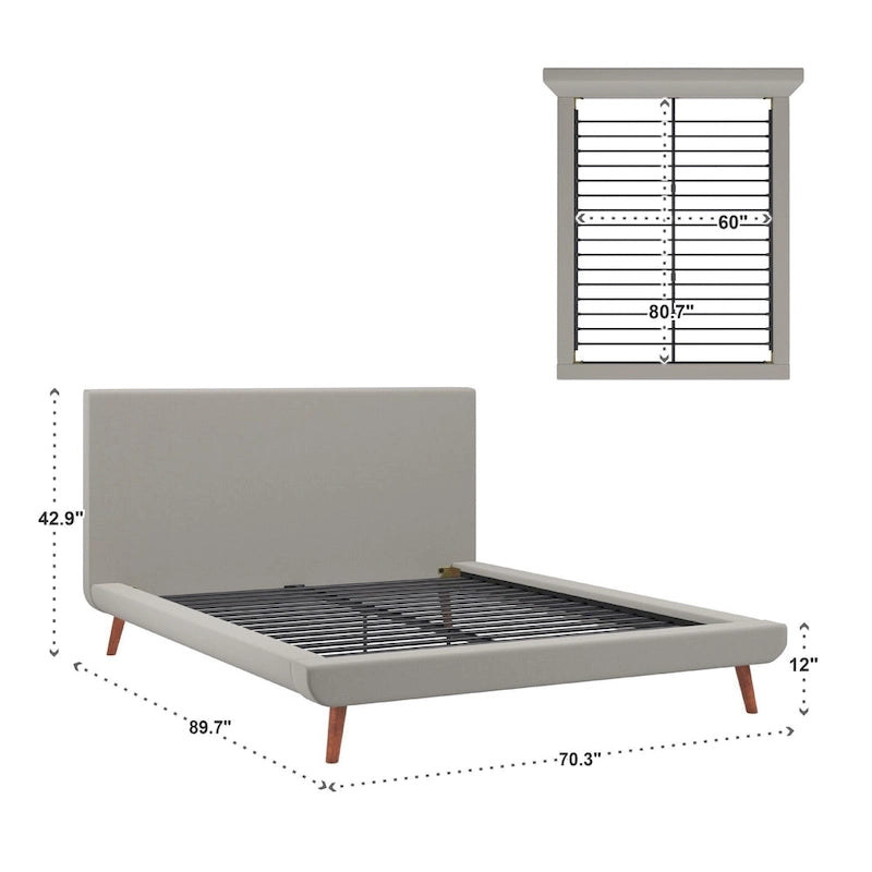 Mid-Century Fully Upholstered Platform Bed, Welted Edges & Angled Tapered Solid Wood Legs