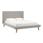 Mid-Century Fully Upholstered Platform Bed, Welted Edges & Angled Tapered Solid Wood Legs