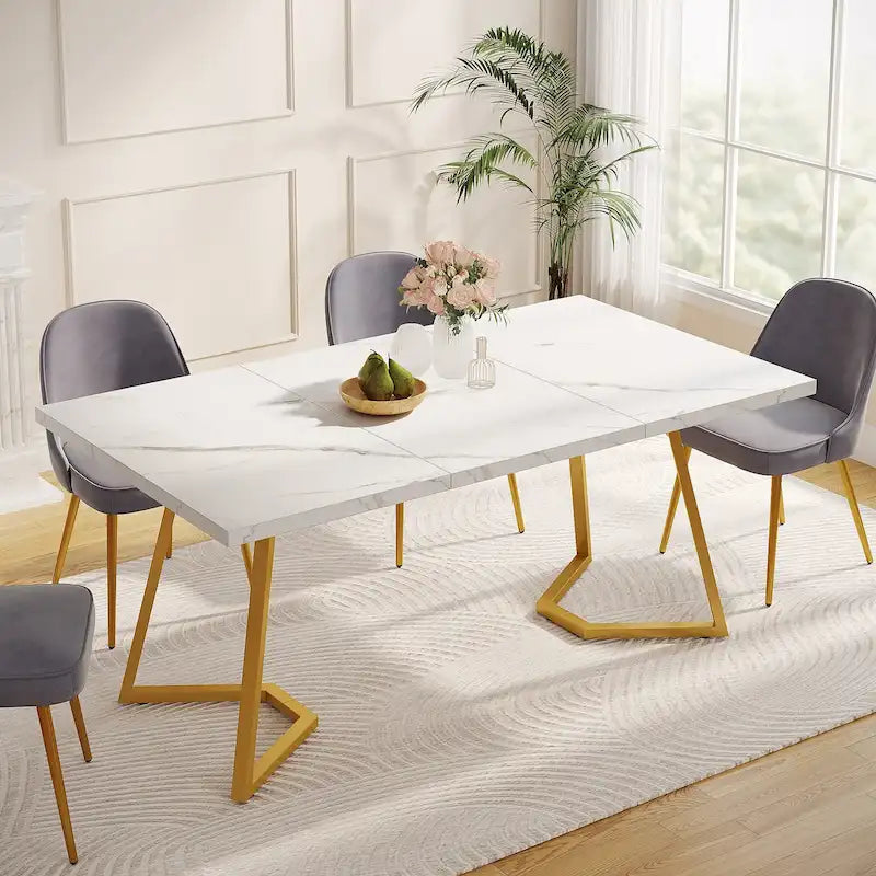 55" Faux Marble Dining Table for 4-6, White/Gold Metal Frame, 3 Color Options