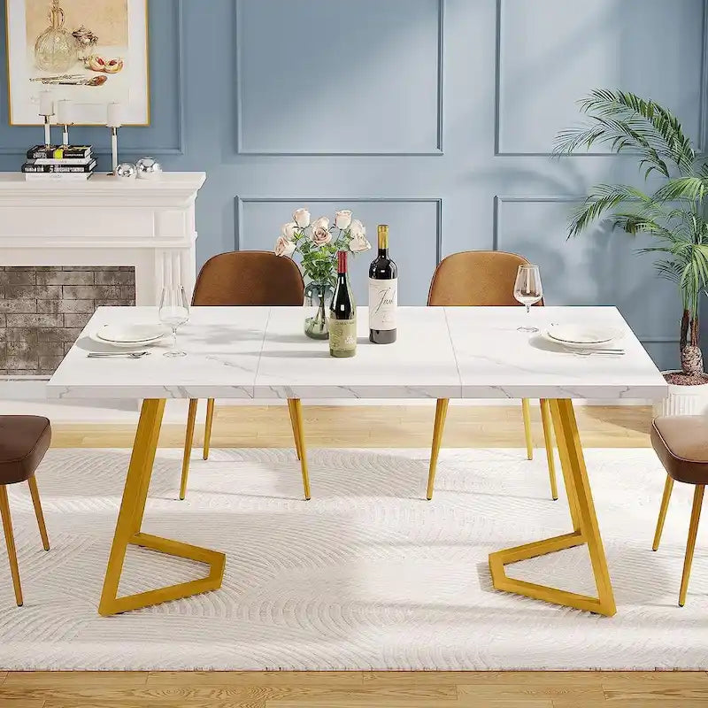 55" Faux Marble Dining Table for 4-6, White/Gold Metal Frame, 3 Color Options