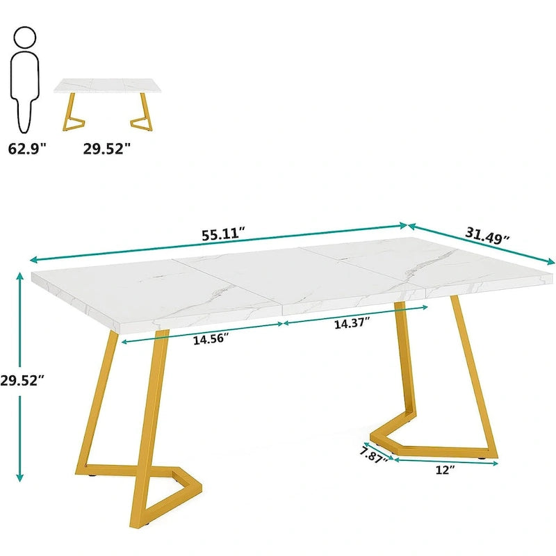 55" Faux Marble Dining Table for 4-6, White/Gold Metal Frame, 3 Color Options