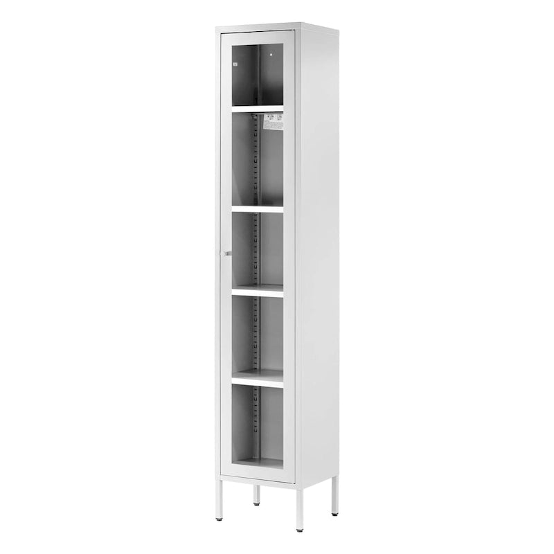 71" Steel Storage Cabinet with Acrylic Glass Door & Adjustable Metal Shelves, White Finish