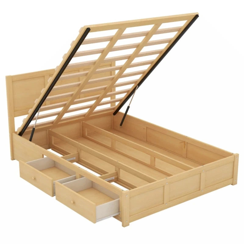 Full Size Solid Wood Platform Bed with Under-Bed Storage Compartment & 2 Drawers, Natural
