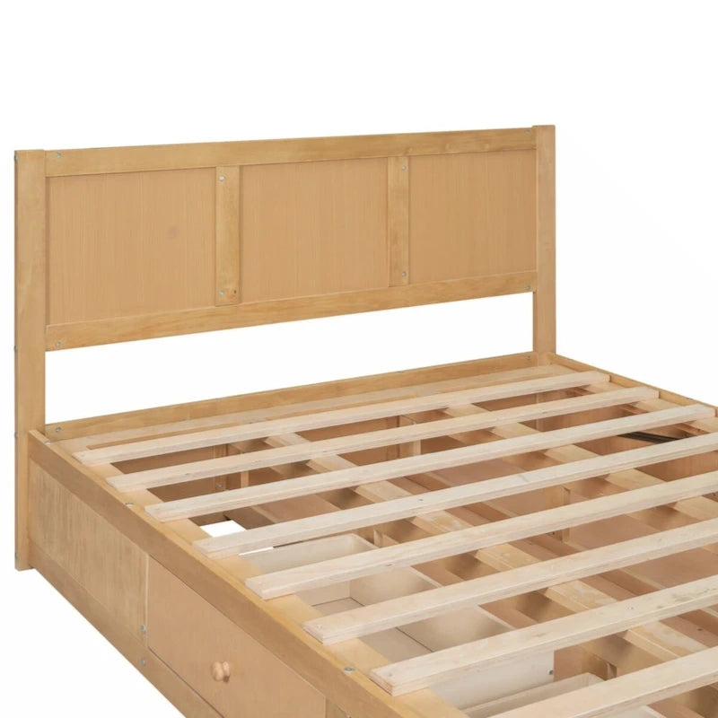 Full Size Solid Wood Platform Bed with Under-Bed Storage Compartment & 2 Drawers, Natural