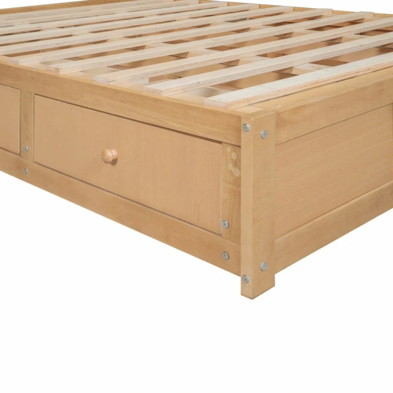 Full Size Solid Wood Platform Bed with Under-Bed Storage Compartment & 2 Drawers, Natural