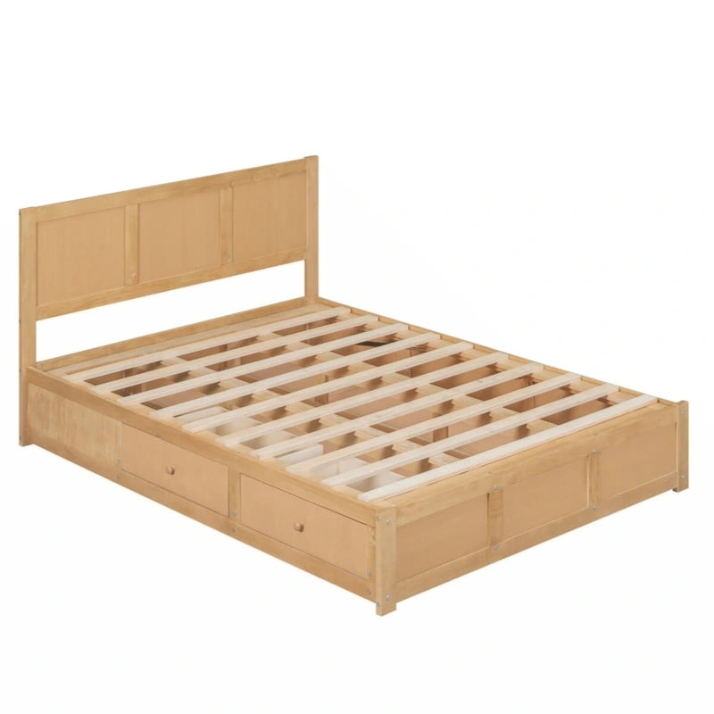 Full Size Solid Wood Platform Bed with Under-Bed Storage Compartment & 2 Drawers, Natural