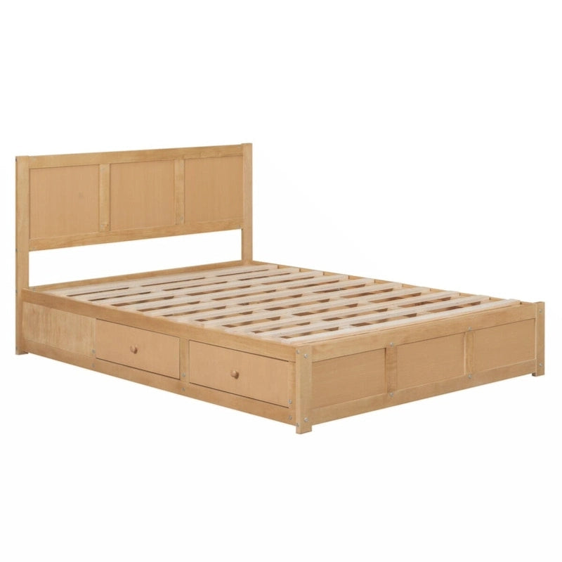 Full Size Solid Wood Platform Bed with Under-Bed Storage Compartment & 2 Drawers, Natural
