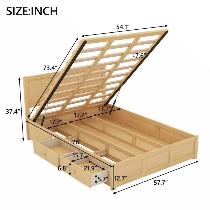 Full Size Solid Wood Platform Bed with Under-Bed Storage Compartment & 2 Drawers, Natural
