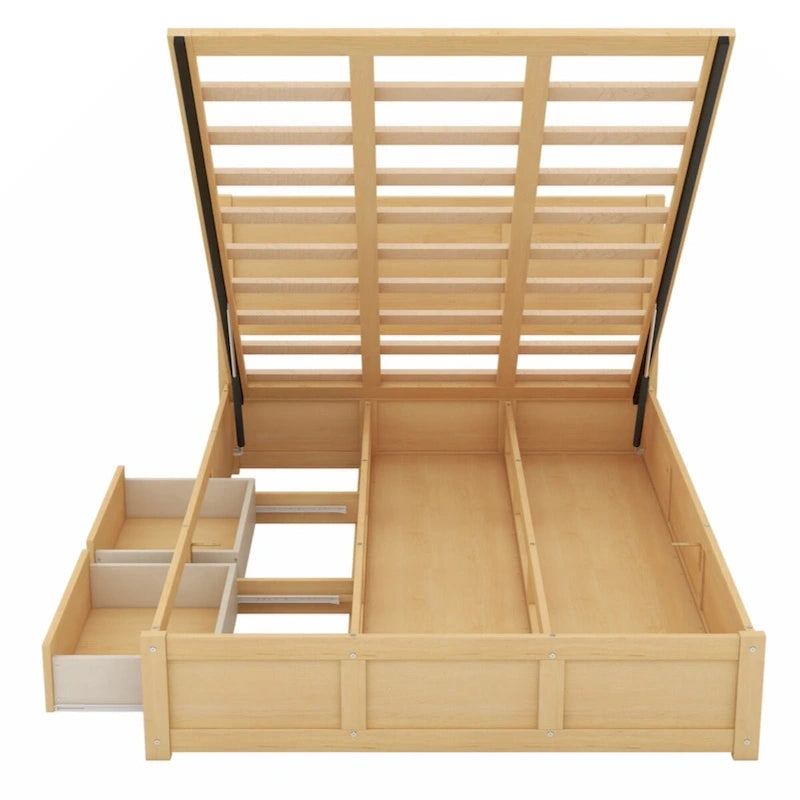 Full Size Solid Wood Platform Bed with Under-Bed Storage Compartment & 2 Drawers, Natural