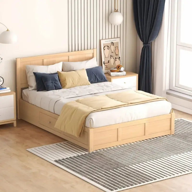 Full Size Solid Wood Platform Bed with Under-Bed Storage Compartment & 2 Drawers, Natural