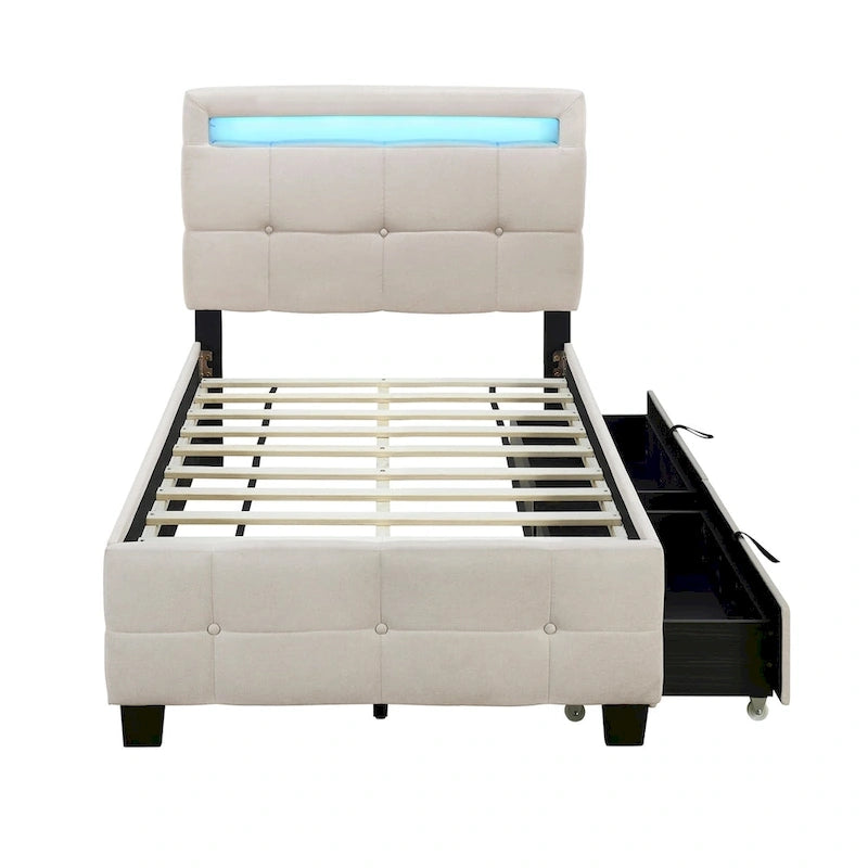 Twin Size Upholstered Platform Bed with LED Frame and 2 Drawers