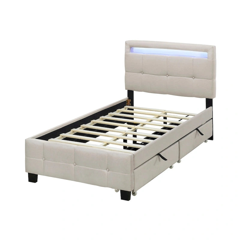Twin Size Upholstered Platform Bed with LED Frame and 2 Drawers