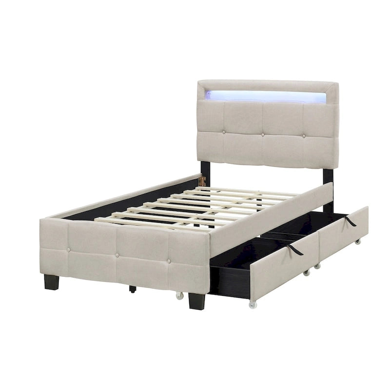 Twin Size Upholstered Platform Bed with LED Frame and 2 Drawers