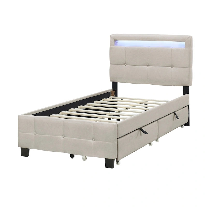 Twin Size Upholstered Platform Bed with LED Frame and 2 Drawers