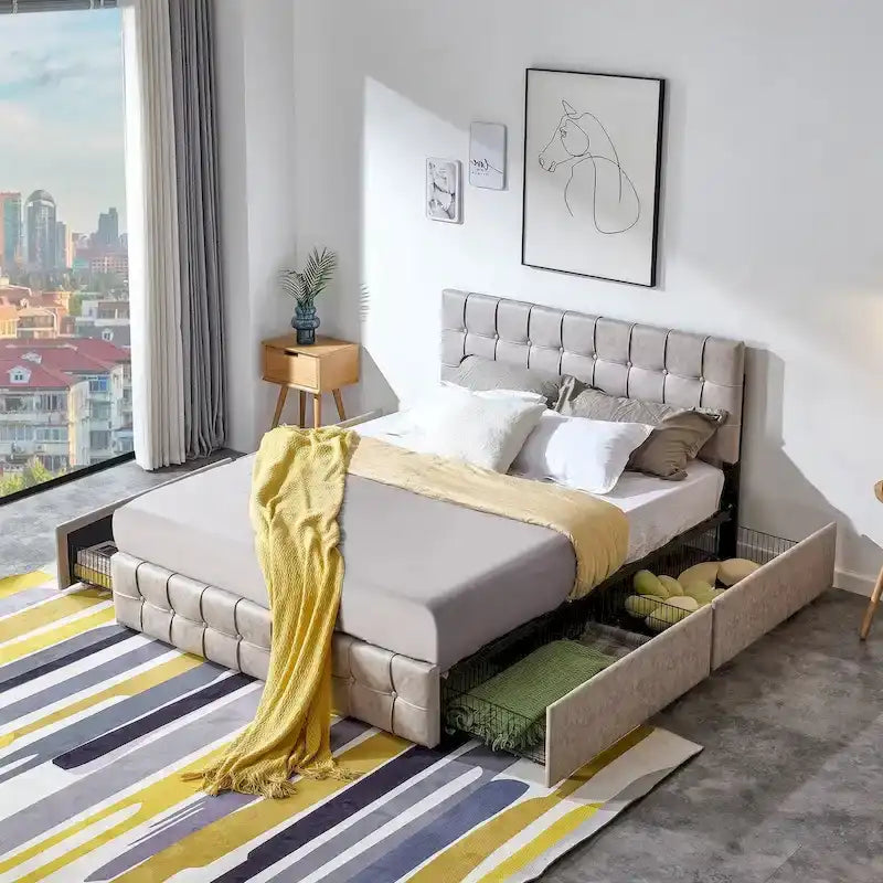 Full Size Platform Bed Frame with 4 Storage Drawers