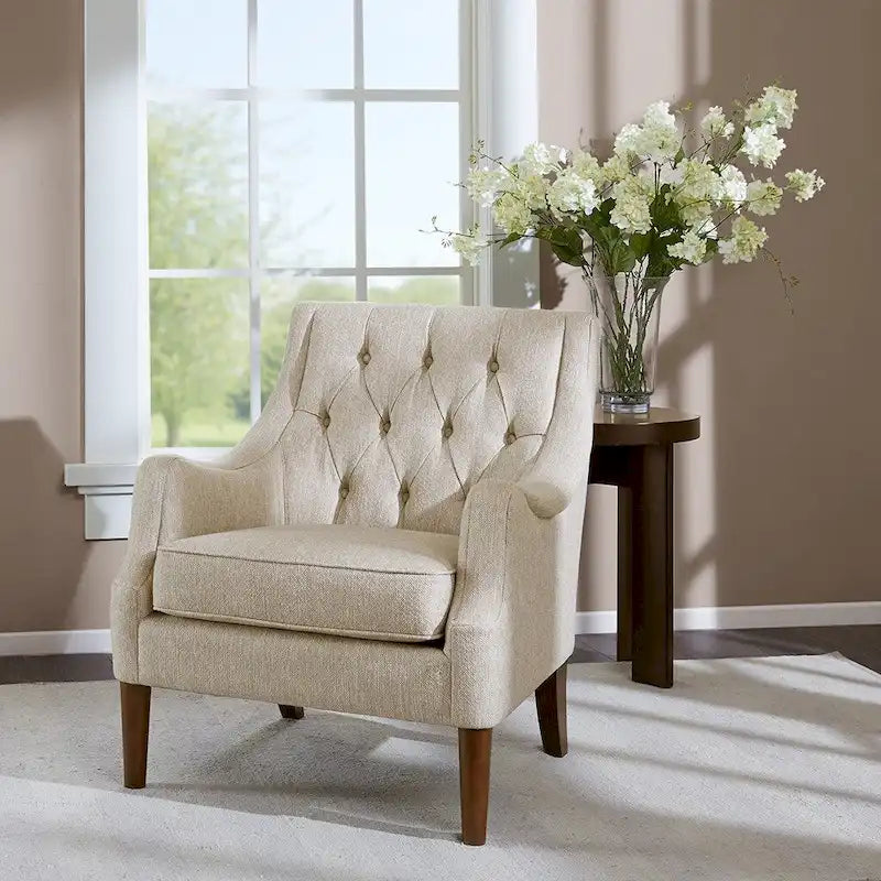 Vintage Button Tufted Accent Chair with Solid Wood Espresso Legs & Removable Cushion