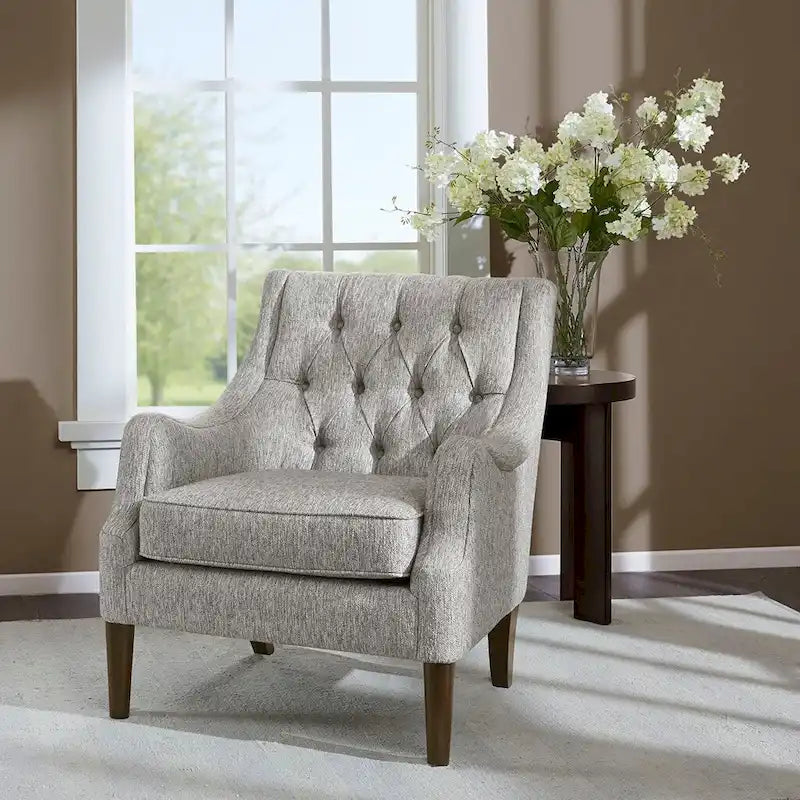 Vintage Button Tufted Accent Chair with Solid Wood Espresso Legs & Removable Cushion