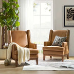 Lourdes Genuine Leather Armchair with Solid Wood Frame and Removable Seat Cushion,Set of 2 by