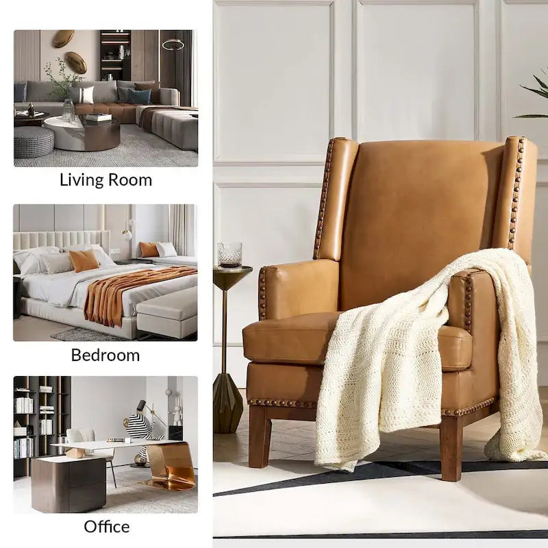 Lourdes Genuine Leather Armchair with Solid Wood Frame and Removable Seat Cushion,Set of 2 by