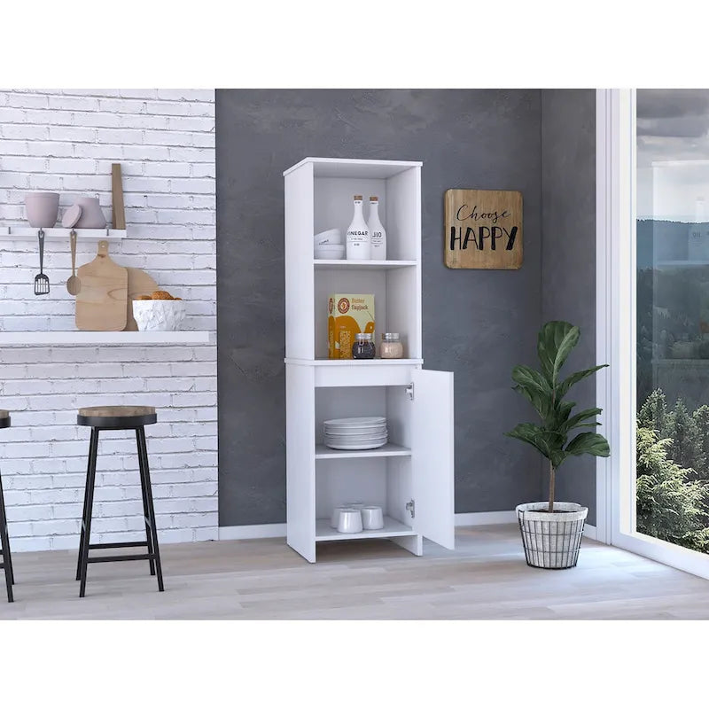 Kitchen Pantry Single Door Cabinet, Interior and External Shelves, White Finish