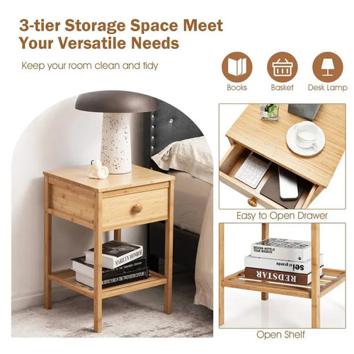 3-Tier Bamboo & MDF Nightstand with Removable Drawer & Open Shelf, 16x16x24 in, Natural