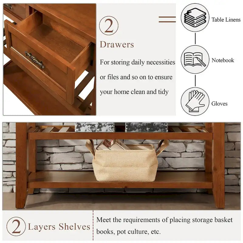 Console Sofa Table with 2 Storage Drawers and 2 Tiers Shelves, 42 Wood Buffet Sideboard for Room Kitchen Entryway Hallway
