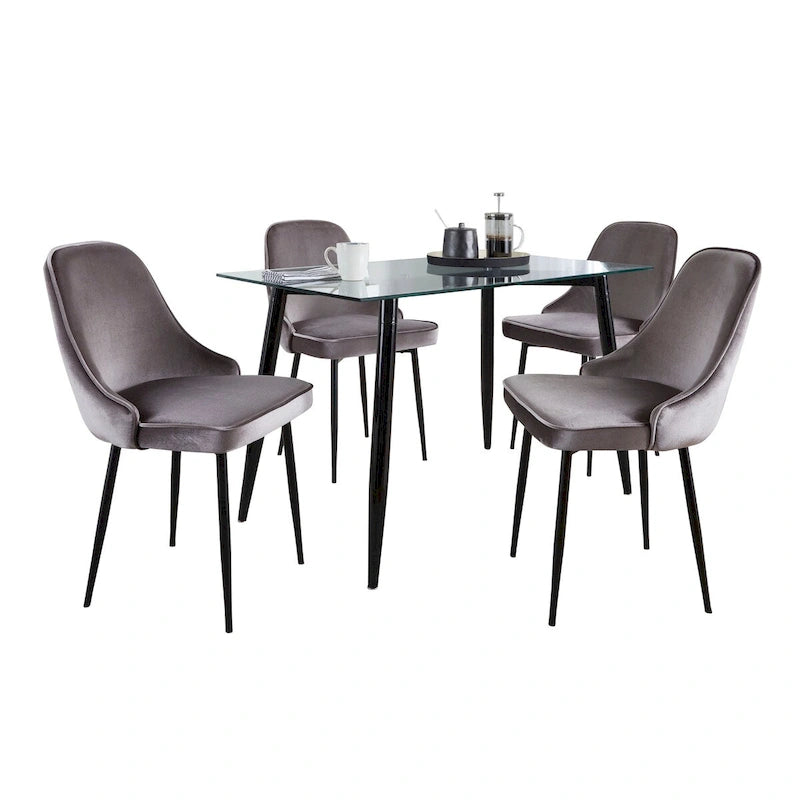 5-Piece Rectangular Dining Set, Tempered Glass Table, Black Metal Legs & Velvet Chairs