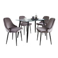 5-Piece Rectangular Dining Set, Tempered Glass Table, Black Metal Legs & Velvet Chairs