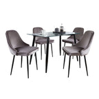 5-Piece Rectangular Dining Set, Tempered Glass Table, Black Metal Legs & Velvet Chairs