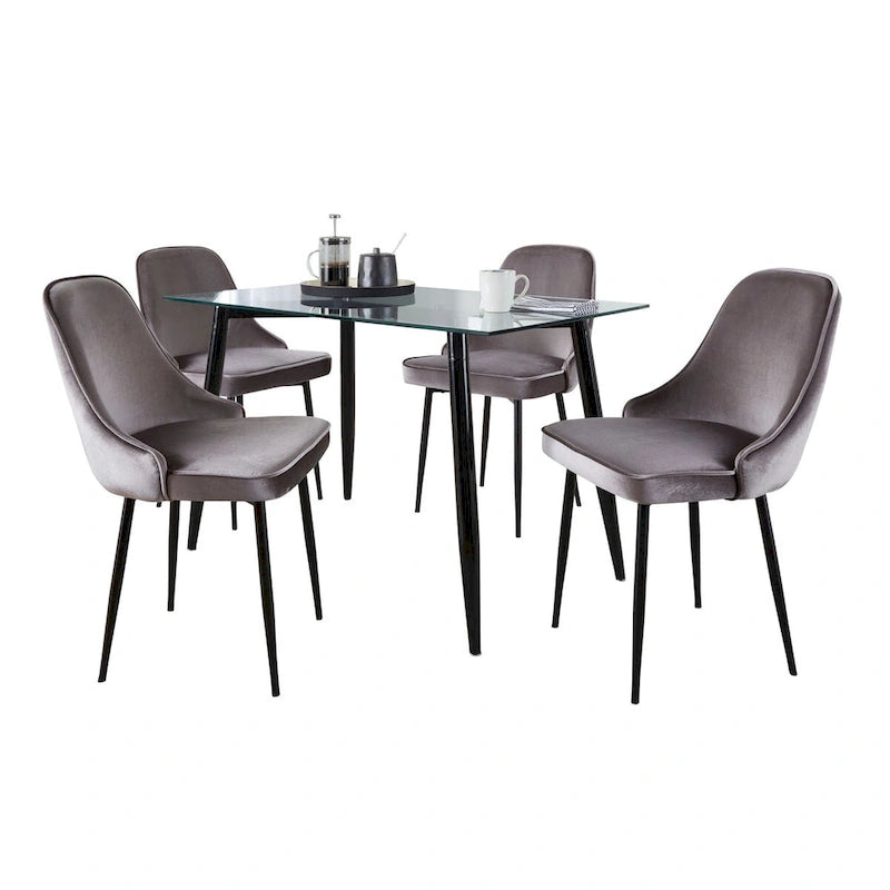 5-Piece Rectangular Dining Set, Tempered Glass Table, Black Metal Legs & Velvet Chairs