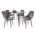 5-Piece Rectangular Dining Set, Tempered Glass Table, Black Metal Legs & Velvet Chairs