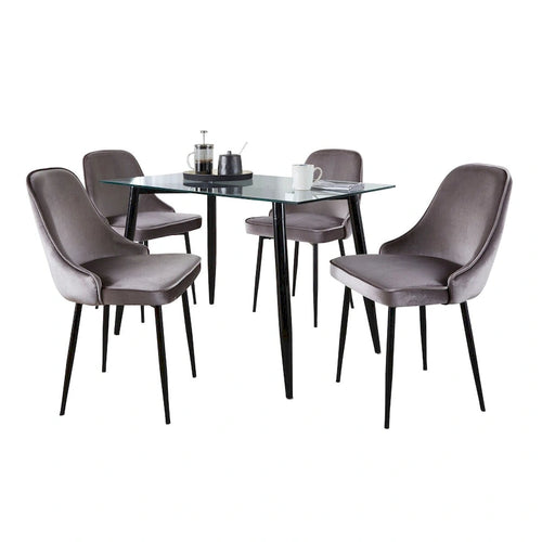 5-Piece Rectangular Dining Set, Tempered Glass Table, Black Metal Legs & Velvet Chairs