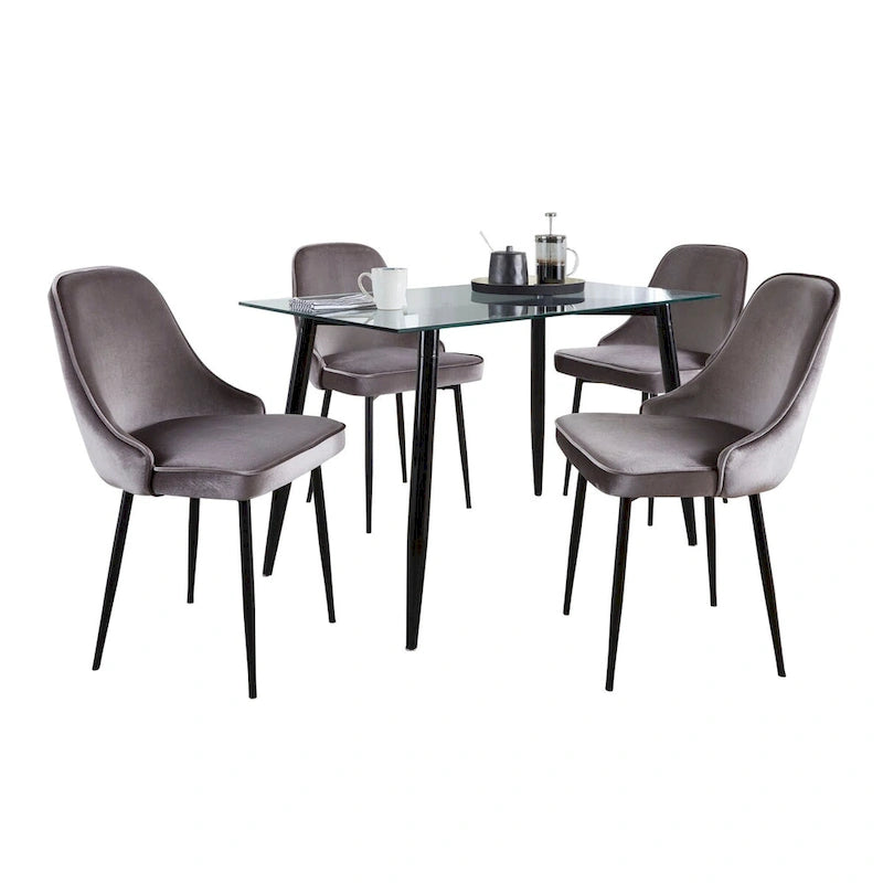 5-Piece Rectangular Dining Set, Tempered Glass Table, Black Metal Legs & Velvet Chairs